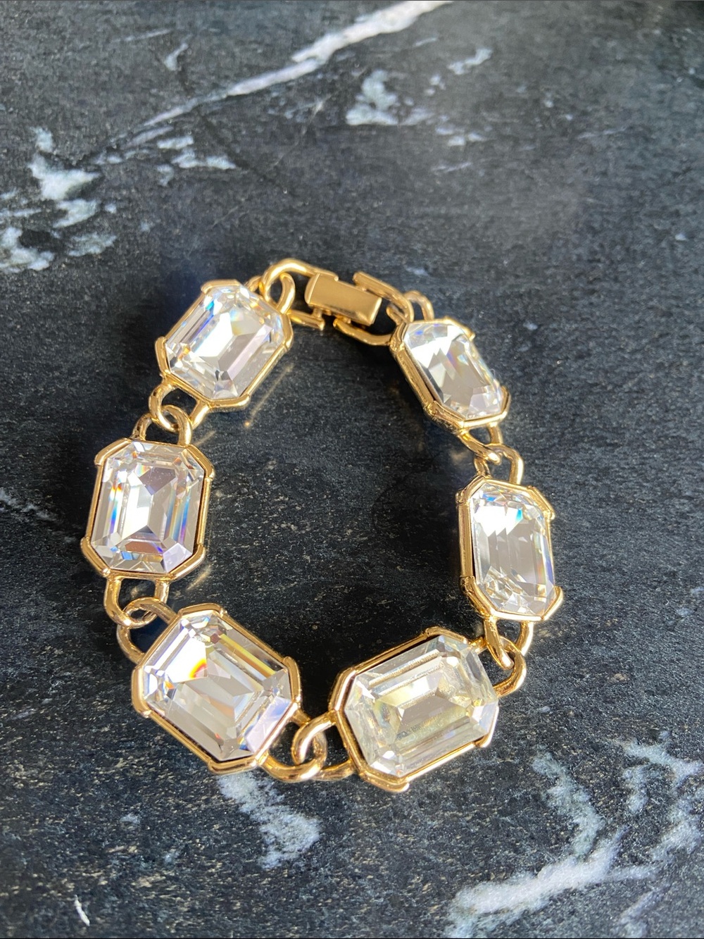 Gold-Tone Bracelet with Clear Emerald-Cut Crystals Vintage Trifari